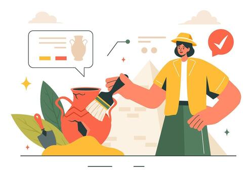 Fossil Discovery Illustration Showing Archaeological Excavation with Ancient Ruins and Artifacts in a Flat Background vector