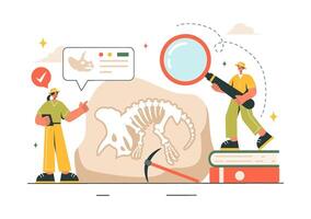 Archaeology Excavation Illustration Highlighting Ancient Artifacts and Dinosaur Fossils in a Colorful Cartoon Scene vector