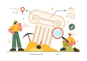 Archaeological Dig Illustration with Ancient Ruins, Artifacts, and Dinosaur Fossils in a Cartoon Background vector