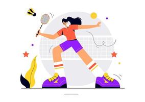 Illustration of a Badminton Player Preparing to Serve a Shuttlecock on the Court with a Minimalist Background vector