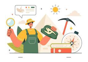 Ancient Ruins Exploration Illustration Depicting Archaeologists, Artifacts, and Fossils in a Flat Style Background vector