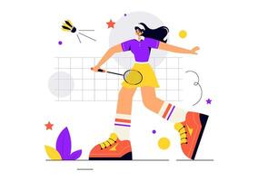 Illustration of a Badminton Player Displaying Skills with Racket and Shuttlecock on the Court in Flat Design vector