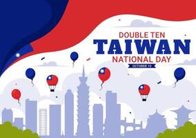 Illustration of Taiwan's Double Ten Day on October 10 with Waving Flag and Cheerful Balloons in a Flat Cartoon Setting vector