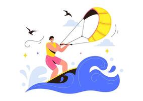 Kitesurfing Sport Illustration Featuring a Thrilling Scene of a Kite Surfer on a Kiteboard in a Whimsical Summer Sea vector