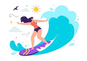 Illustration of Surfing Fun in Summer, Featuring Surfboards Gliding on Ocean Waves in a Colorful Flat Background vector