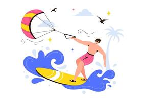 Exciting Kitesurfing Illustration with a Kite Surfer on a Kiteboard in a Playful Cartoon Summer Beach Setting vector