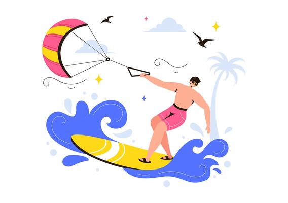 Exciting Kitesurfing Illustration with a Kite Surfer on a Kiteboard in a Playful Cartoon Summer Beach Setting