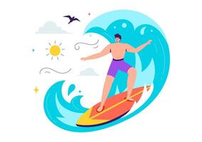 Summer Surfing Scene Illustration with Surfboards Floating on Ocean Waves in a Playful Cartoon Background vector