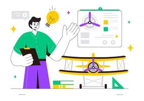 Illustration of Aircraft Model Building and Painting with a Replica Plane in the Background vector