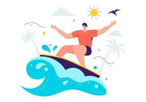 Flat Style Cartoon Illustration of Summer Surfing, Showcasing Surfboards Riding Waves in a Vibrant Ocean Scene vector