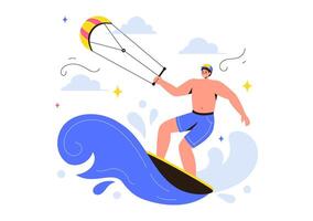 Kitesurfing Illustration of a Kite Surfer Riding the Waves on a Kiteboard in a Colorful Summer Sea Cartoon Scene vector
