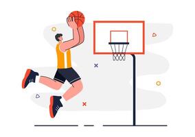 Illustration of a Happy Young Man Scoring a Basket in Basketball Uniform on a Tournament Court with a Flat Style Background vector