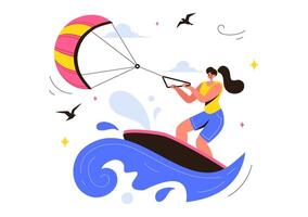 Dynamic Kitesurfing Illustration Featuring a Kite Surfer in Action on a Kiteboard in a Lively Summer Sea Scene vector