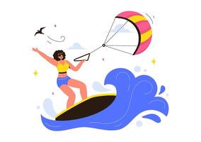 Summer Kitesurfing Illustration Depicting a Kite Surfer on a Kiteboard in the Ocean with a Fun Cartoon Background vector