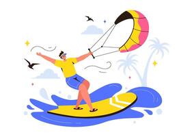 Kitesurfing Fun Illustration Showcasing a Kite Surfer on a Kiteboard in a Cartoonish Summer Beach Environment vector