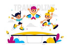 Illustration of a Happy Boy Bouncing on a Trampoline During Summer Fun in a Flat Style Cartoon Background vector