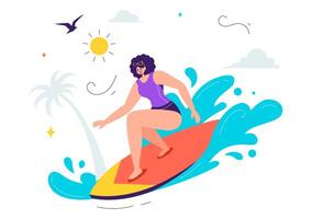 Art of Summer Surfing Activities, Featuring Surfboards Riding the Waves in a Flat Cartoon Style vector
