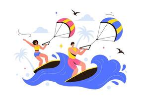 Kitesurfing Adventure Illustration with a Kite Surfer Balancing on a Kiteboard Against a Bright Cartoon Ocean Background vector
