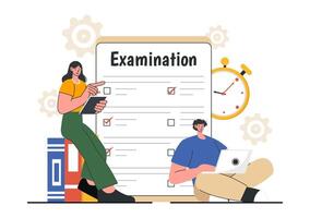 Online Test Illustration with Exam Papers, Answer Sheets, and Survey Forms in Cartoon Background vector