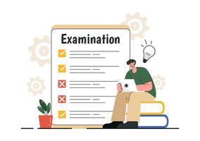 Online Quiz Illustration with Exam Papers, Answer Forms, and Survey in Flat Style vector