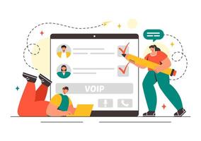 Illustration of VOIP Technology with Telephony and Network Call Scheme in Flat Style vector