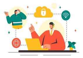 Voice Over Internet Protocol Technology Art with Network Telephony in Flat Style vector