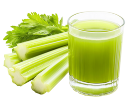 Freshly made celery juice served with vibrant celery stalks, transparent png