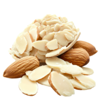 Freshly sliced almonds and whole nuts on a white background, transparent png