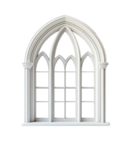 Elegant white gothic window design showcasing intricate arch details, transparent png