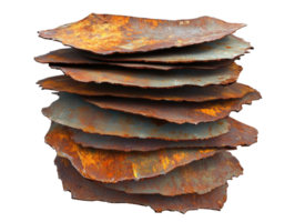 Rusty metal plates stacked in a workshop environment during daylight, transparent png