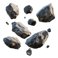 Collection of various sized rocks arranged on a white background, transparent png