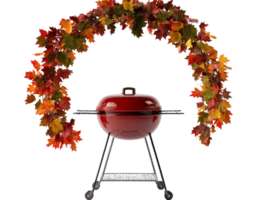 Red grill surrounded by colorful autumn leaves at a backyard setting, transparent png