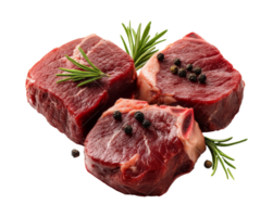 Fresh cuts of red meat with herbs and spices on a white background, transparent png