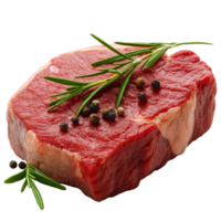 Fresh cut of beef steak garnished with pepper and herbs, transparent png