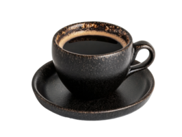 Black coffee served in a rustic cup and saucer at a cafe, transparent png