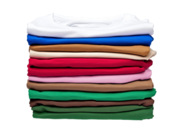 Stack of colorful folded shirts showcasing various shades and textures png