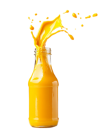 Splashing orange juice from a bottle in a bright setting, transparent png
