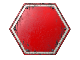 Weathered red hexagonal sign with a worn surface and metallic edges, transparent png