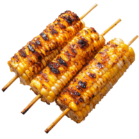 Grilled corn on skewers served with spices at sunset in a city, transparent png
