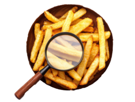 Magnifying glass over crispy golden fries in a rustic bowl, transparent png