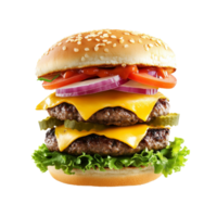 Triple cheese burger with fresh toppings and sesame seed bun, transparent png