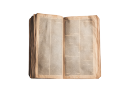 Old open book with yellowed pages resting on white background, transparent png