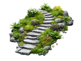 Stone pathway surrounded by greenery and flowers in a serene setting, transparent png