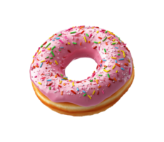 Delicious pink frosted donut with colorful sprinkles on display, transparent png