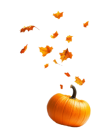 Bright orange pumpkin surrounded by falling autumn leaves in October, transparent png