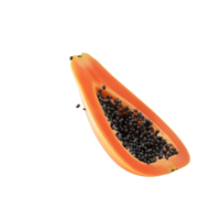 Fresh papaya cut open revealing black seeds on a white background, transparent png