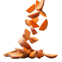 Sweet potato slices flying in the air against a white background, transparent png