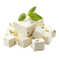 Freshly cubed cheese garnished with herbs on a white background, transparent png