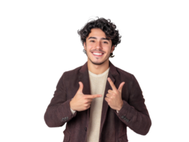 Young man smiling and gesturing cheerfully with both hands indoors, transparent png
