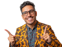 Man in patterned jacket smiling and gesturing playfully indoors, transparent png